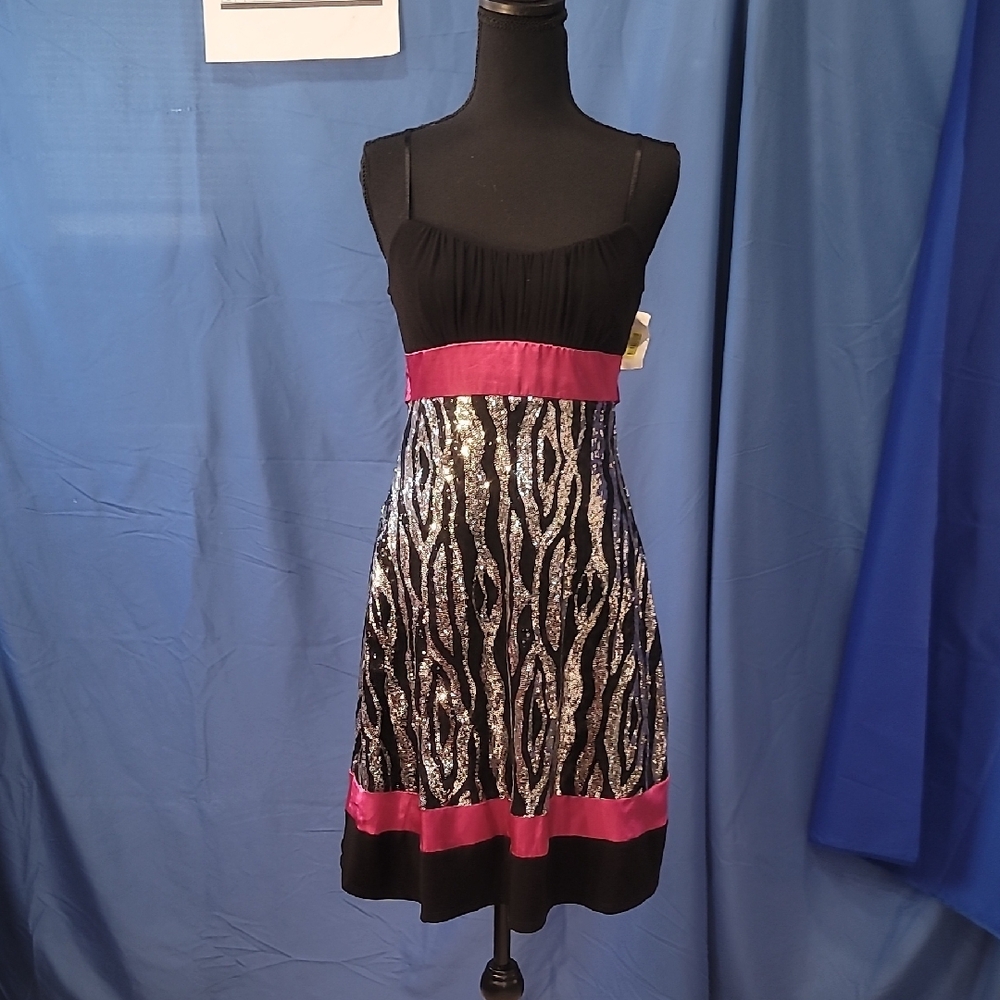 Elegant Black and Silver Zibra Sequin Dress with Pink Accents Sz M-9